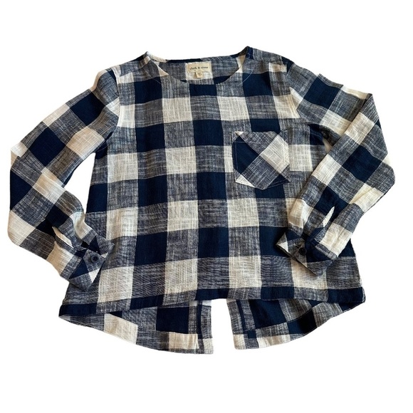 Cloth & Stone Plaid Linen Blend Long Sleeve Blouse Back button detail Women's  S - Picture 13 of 16
